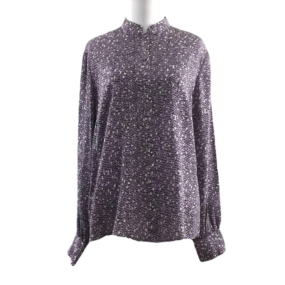 Susan Bristol Purple Animal Print Button Front Silk Shirt Womens 8 Long Sleeve